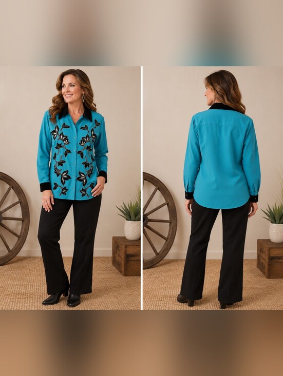 Victor Costa Jackets & Blazers - Victor Costa Occsn Western Snap Chambray Velvet Beaded Shirt Jacket Sze S #W-530